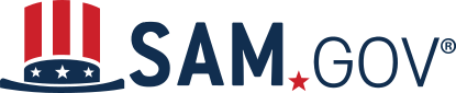 SAM.gov logo featuring a stylized top hat with red stripes and white stars, followed by the text "SAM.GOV" with a red star replacing the dot.